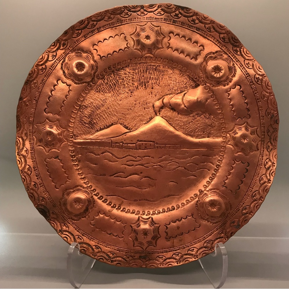 Vintage solid copper plate with Mount Vesuvius in Eruption.